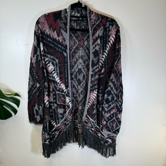 Lucky Brand tribal print kimono fringe Aztec sweater red black medium SP206 - Picture 10 of 11